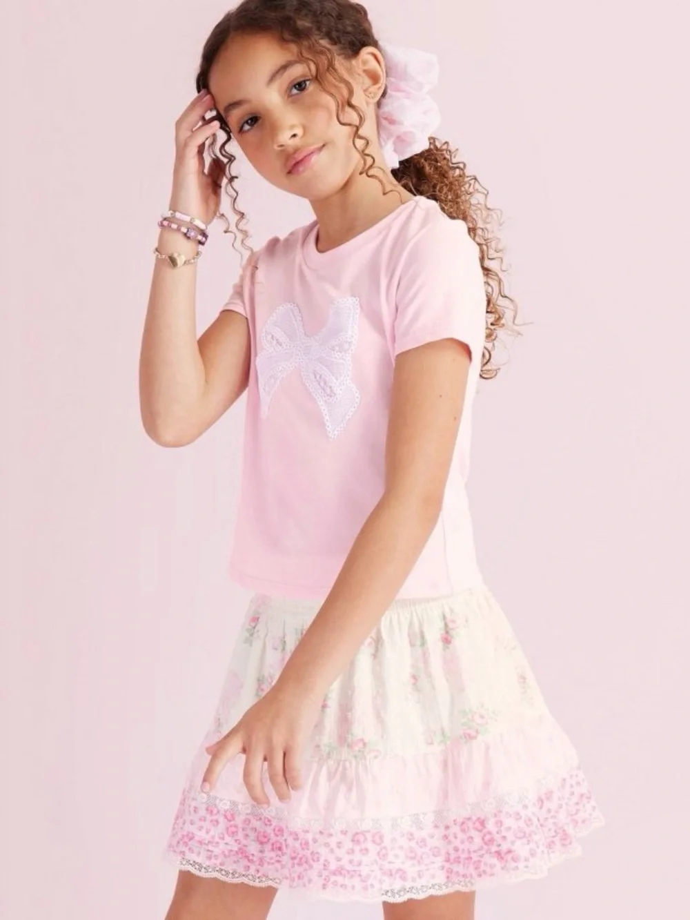 Loveshackfancy x target girls Maeve bow appliqué tshirt pink white size large